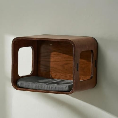 Space-Saving Wall-Mounted Cat Box | Feline Perch Bed, snug, for Small Apartments, Living Room, Cats, Walnut