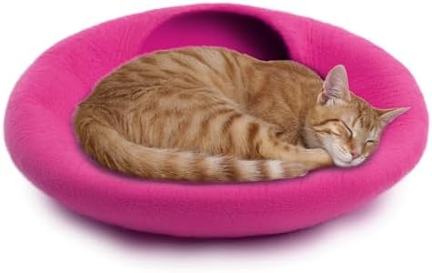 Woolygon Premium Felt Cat Cave Bed – Wool Kitty Beds Handcrafted Kitten Caves Bed for Indoor Cats - Made from Merino Wool, Foldable Cat Hideaway Covered Cat House Pod (Pink Plain)