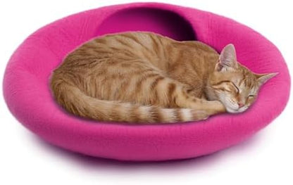Woolygon Premium Felt Cat Cave Bed – Wool Kitty Beds Handcrafted Kitten Caves Bed for Indoor Cats - Made from Merino Wool, Foldable Cat Hideaway Covered Cat House Pod (Pink Plain)