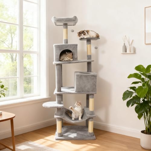 DORTALA 75" Tall Modern Cat Tree, Multi-Level Cat Tower with Large Condos, Sisal Scratching Posts, Top Perch, Hammock, Dangling Balls, Kitten Beds & Climbing Furniture for Indoor Cats (Light Grey)