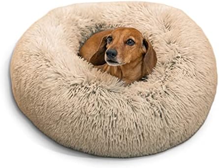 Best Friends by Sheri The Original Calming Donut Cat and Dog Bed in Shag Fur Taupe, Small 23" and Blanket, Taupe, 30"x40"