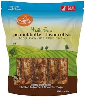 Canine Naturals Rawhide Free Peanut Butter Dog Chews, Mini Rolls, 6 Count