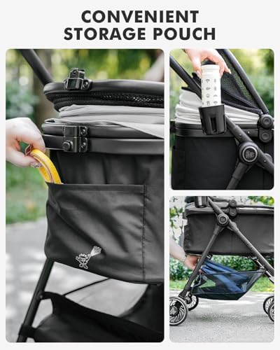 Pet Stroller for Small Dogs and Cats, One-Click Foldable Dog Stroller with Detachable Carrier & 3 Safety Tethers, Holds up to 33 lbs, Storage Basket & Cup Holder, Breathable Mesh, Black