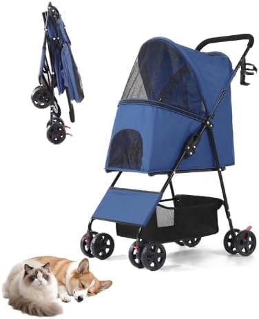 Pet Stroller for Small Dogs Cats, Lightweight Foldable Dog Stroller-Blue