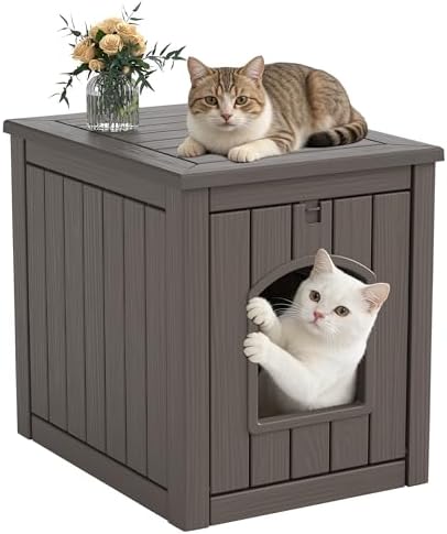 Cat Litter Box Enclosure, Feral Outdoor Cat Enclosure Weatherproof for Winter Outside, Litter Box Furniture Fit Litter Box, Sturdy Resin Shelter for Living Room, Easy to Assemble, Grey