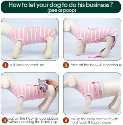 Kuoser Dog Surgery Recovery Suit, Soft Breathable Dog Recovery Suit for Female Spay Male Nueuter, Anti Licking Puppy Onesie Pet Surgical Suit for Dogs Abdominal Wounds Skin Disease, Pink Strips XS