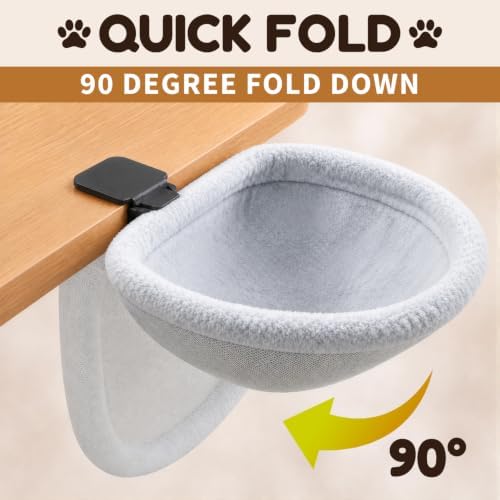 Cat Desk Bed, Clamp-On Cat Bed for Desk with Soft Fleece & Breathable Mesh, Foldable Cat Desk Hammock Holds 66 lbs, Fits Desks up to 3.3", Desk Cat Bed Attachment for Home Office, Bedside & Counter