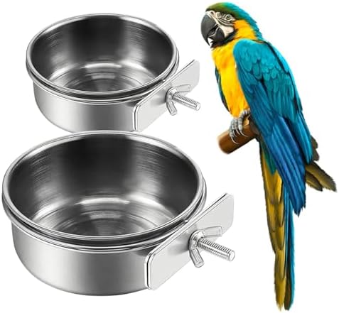 2Pcs Stainless Steel Bird Feeding Bowls, Small Bird Feeding Cup, Stainless Steel Parrot Food Bowl Cage with Holder, Parrot Cage Water Feeder, Pet Cage Cup Holder (Dia 3.93", 5.51",)