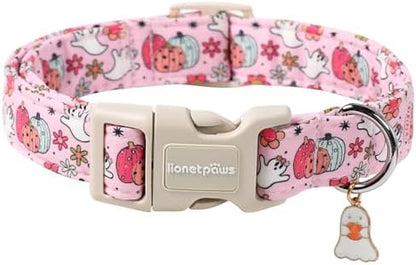 Lionet Paws Halloween Dog Collar- Cute Ghost Pumpkin Pink Dog Collars with Plastic Buckle and Ghost Pendant, Light Adjustable Dog Collars for Small Medium Dogs
