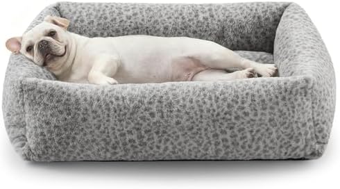 JOEJOY Dog Bed for Small Medium Dogs, Removable Washable Cover Orthopedic Soft Faux Rabbit Fur Pet Bed, Anti-Slip Fluffy Plush Puppy Bed, 25"x21"x7", Leopard Print, Grey