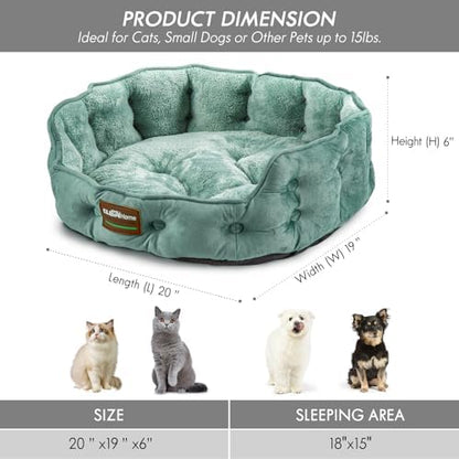 ClevaHome Upgrade Plush Faux Fur Cat Bed - Washable Round Cat Beds for Indoor Cats, Small Dog Bed for Pets up to 15lbs, Reversible Cushion, Non-Slip Bottom (Washed Green)