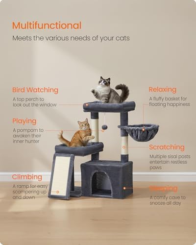 Feandrea Cat Tree, 33.8" Cat Tower, Scratching Posts and Ramp, Dark Gray