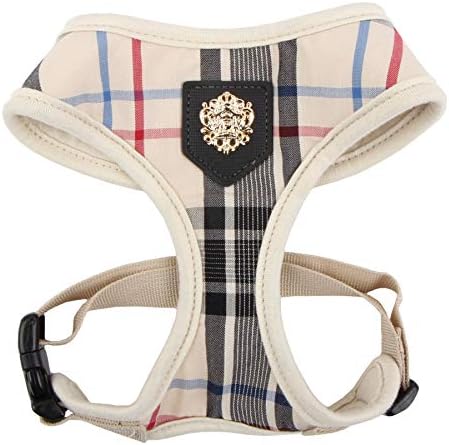 Puppia Junior Over-The-Head Dog Harness Checkered Pattern No Choke No Pull Adjustable Chest Belt Walking Training for Small and Medium Dog, Small, Beige