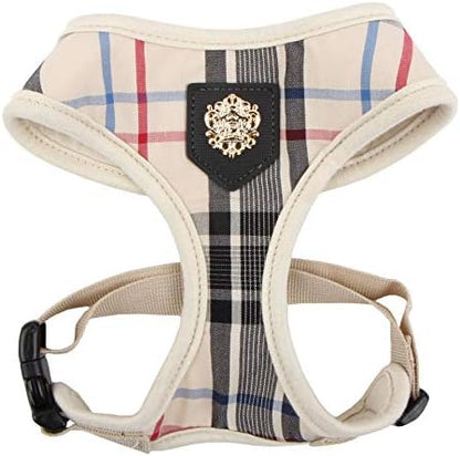 Puppia Junior Over-The-Head Dog Harness Checkered Pattern No Choke No Pull Adjustable Chest Belt Walking Training for Small and Medium Dog, Large, Beige