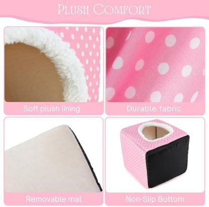 Guinea Pig Hideout, Dwarf Rabbit Bed with Play Tunnel, Washable Fleece House for Dwarf Bunnies, Chinchillas, Hedgehogs, Small Animal Cage Accessories Pink Dot
