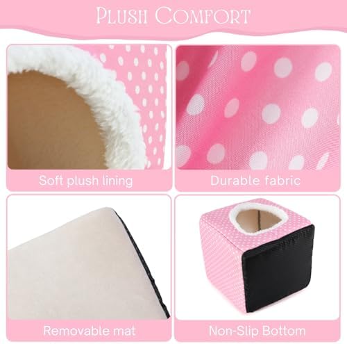 Guinea Pig Hideout, Dwarf Rabbit Bed with Play Tunnel, Washable Fleece House for Dwarf Bunnies, Chinchillas, Hedgehogs, Small Animal Cage Accessories Pink Dot