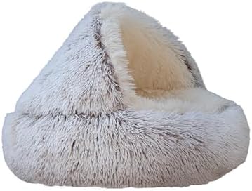 ZaneSun Calming Round Dog Bed & Cat Cave with Hooded Cover, Plush Fluffy Anti-Anxiety Cat Bed, Waterproof Bottom Washable (Coffee, 20x20inch)