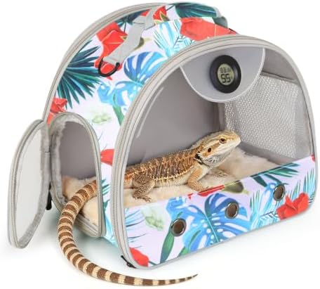 Bearded Dragon Carrier, Reptile Travel Bag with Built-in Thermometer Hygrometer, Breathable Small Animal Carrier with Clear View Window, Portable Guinea Pig Carrier for Gecko, Snake, Hamster
