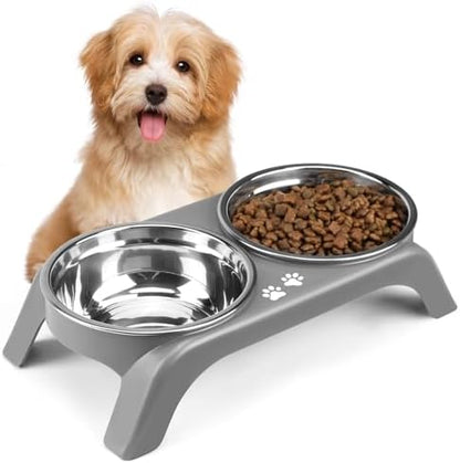 Elevated Dog Bowls for Small Dogs, 3” High Raised Dog Bowl Stand with Dual 5” Stainless Steel Bowls Non-Slip Pet Feeder for Puppy and Cats, Dishwasher Safe, Grey