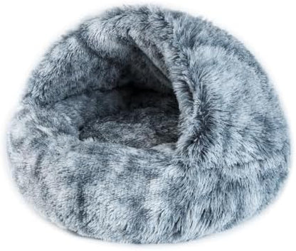 Calming Dog and Cat Cave Bed with Hooded Cover, Faux Fur, Round, Removable Washable, Anti-Slip, for Small Medium Pets (16")