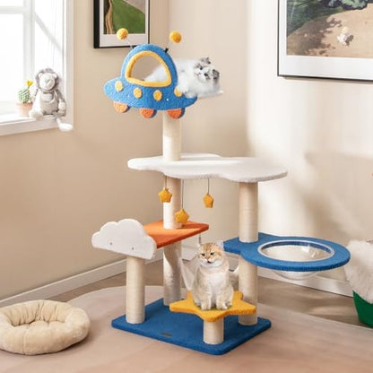 PETSITE 49-inch Cat Tree for Indoor Cats, Space-Themed Multi-Level Cute Cat Tree Tower with Sisal Scratching Posts, UFO Top Perch, Space Capsule, Cloud & Star Platforms, Dangling & Spring Balls