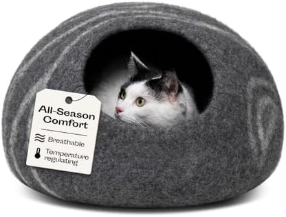 MEOWFIA Cat Cave - Merino Wool Bed for Indoor Cats (Dark Gray, Large)