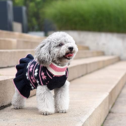 KYEESE Dog Sweater Warm Dog Clothes Fall Winter Pet Coats for Girl Puppy Sweater Dress with Leash Hole for Small Dogs Knit Turtleneck Pullover with Snow Flake Pattern, Girl Navyblue, Medium