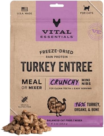 Vital Essentials Freeze Dried Cat Food, Turkey Mini Nibs, 8 oz Bag