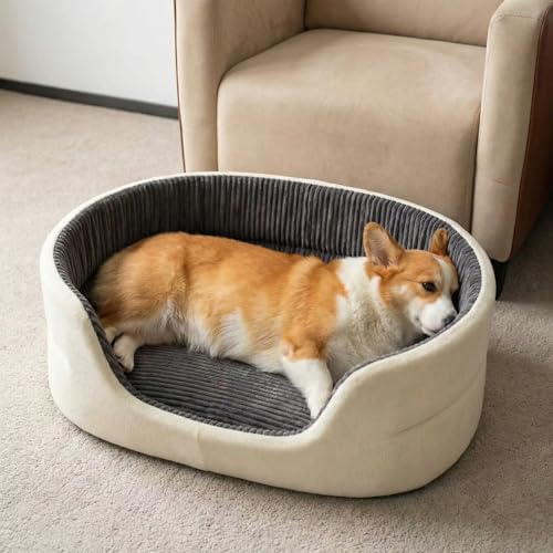 Medium Dog Bed Cat Bed 18x26 Inch, Calming Pet Bed for Dogs & Cats, Machine Washable Dog Bed，Half-Enclosed Open-Top Velvet Anti-Anxiety Bed, Cozy Snuggle Bed (White)