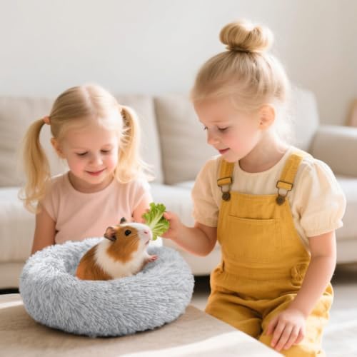 Guinea Pig Bed Soft Washable Donut-Shaped Burrowing Pet Bed for Dwarf Rabbits, Hedgehogs, Chinchillas, Ferrets, Rats Small Animal Mat for Snuggling and Playtime - Light Grey
