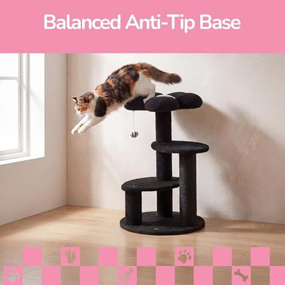 Poppy 29" 3-Tier Modern Flower Cat Tree Tower with Jute Scratching Posts, Weighted Base, Plush Platforms and Dangling Toy, Whimsical Activity Center, Grey/White CTR1007C
