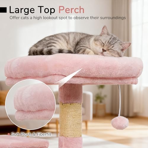 DORTALA Cat Tree for Indoor Cats, 44" Modern Cat Tower with Top Perch, Condo, Hammock, Sisal Scratching Posts, Dangling Balls, Platforms, Multi-Level Pet Climbing Furniture Playground (Pink)