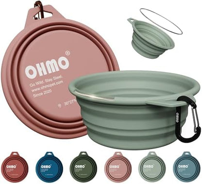 OHMO Large Collapsible Dog Bowls, Steel Rim, 27oz, 2pcs, Coral&Sage Green