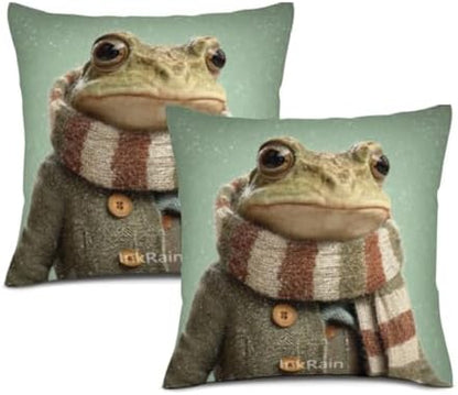 InkRain Winter Animal Cute Frog Pillow Cover 24x24 Inch Set of 2 Home Decor Decorative Cotton Linen Illustration Pillowcases for Living Room House Sofa