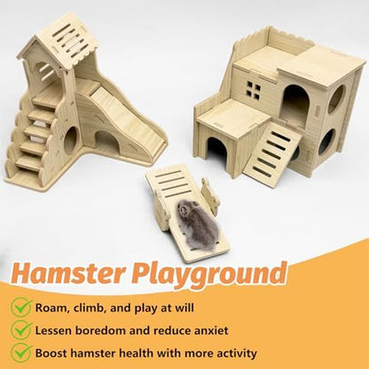 BNOSDM Wood Hamster House Dwarf Hamster Natrual Hideout with Ladder Gerbils Climbing Exploring Seesaw Toys Cage Accessories for Small Hamsters Mouse Mice
