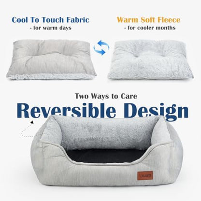 Dog Bed for Large Medium Dogs with Cool to Touch Fabric， Soft Calming Cat Beds for Indoor Cats， Reversible Square Pet Bed for Puppy, Machine Washable Non-Slip Bottom L