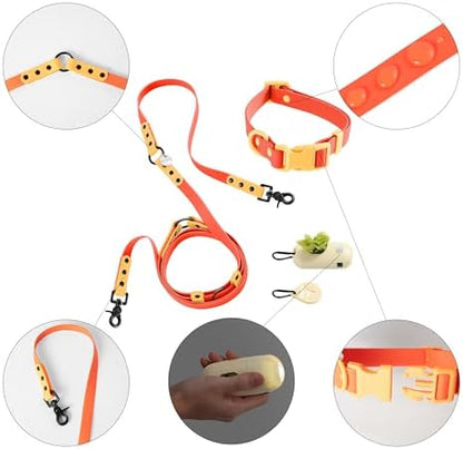 Medium Luna 8FT Adjustable 6-in-1 Waterproof Hands-Free Leash and Collar Set with LED Flashlight, Waste Bag Dispenser, and Poop Bag Holder, Orange, Aperol WLK1005A-5SET