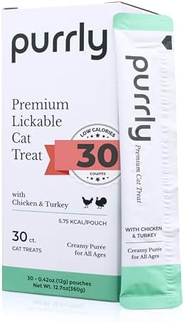 Purrly Interactive Lickable Cat Treats Low Calorie Human-Grade Chicken Breast & Turkey with L-Lysine & Astaxanthin for Immunity (30 Count) Hydrating BPA-Free Grain-Free Non-GMO All Ages Low-Phosphorus