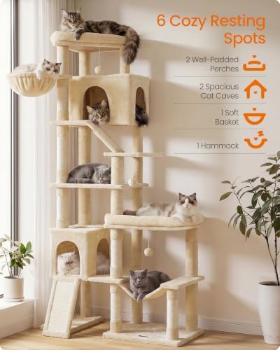 Feandrea Large Cat Tree, 79.5" Tall Sturdy Cat Tower for Indoor, Beige