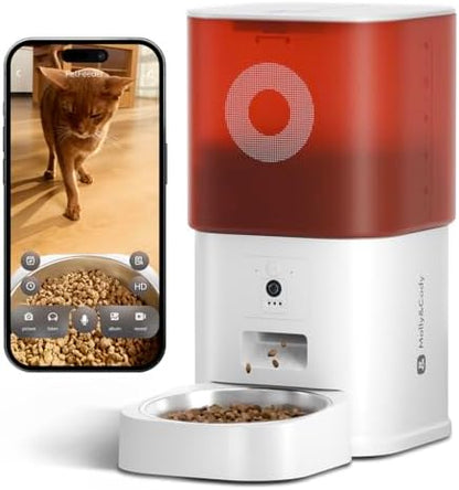 Automatic Cat Feeder with Camera: 6L Automatic Dog Feeder with 2-Way Audio Night Vision Dual Power Supply App Control 2.4G WiFi, Timed Auto Cat Food Dispenser with Stainless Steel Bowl (White)