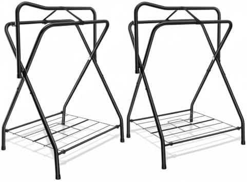 2 Pack Folding Saddle Rack Heavy Duty Freestanding Horse Saddle Stand Detachable Saddle Rack Stand with Bottom Storage for English & Western Saddles