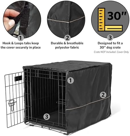 MidWest Homes for Pets Medium Dog Crate Cover, Black Polyester Privacy Kennel Cover Fits Most 30-inch Crates, Machine Washable, Reduces Barking & Chewing