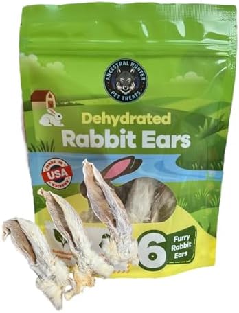 Dehydrated Rabbit Ears for Dogs & Cats - - USA Sourced Whole Ears with Fur for Dogs - Rawhide Alternative - 100% Single Ingredient Crunchy Furry Rabbit Ears (6 Count)