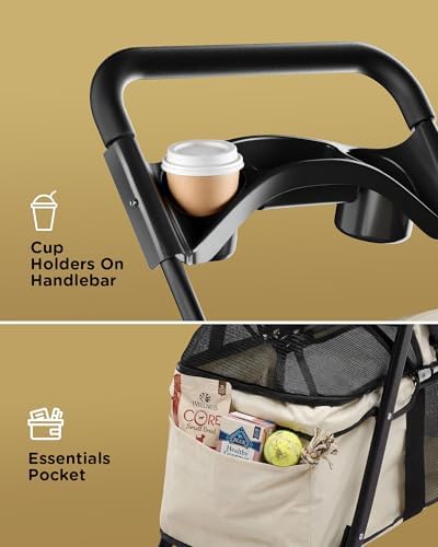GTPLAYER Foldable Pet Stroller for Small Dogs and Cats, Holds Up to 33 lb, 4-Wheel Stroller with 2 Safety Tethers, Breathable Mesh, Lockable Front Wheels, Cup Holder/Tray & Storage Pocket, Beige