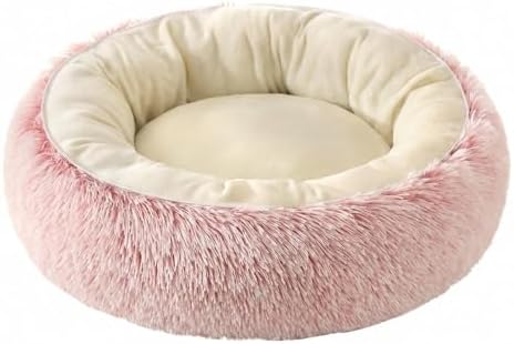 Calming Donut Pet Bed, Fluffy Long Fur Outer & Short Fur Inner, Sweat-Free & Cozy, Non-Slip Bottom, for Small Medium Dogs, Cats, Puppies & Kittens (Pink, 19.7 in)