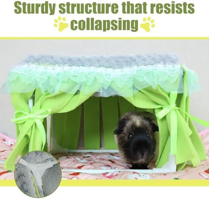 MiOYOOW Guinea Pig Hideout, Small Animal Sleeping Bed Hamster Hiding House with Fringe Curtain for Dwarf Rabbit Guinea Pigs Sugar Gliders Hamsters