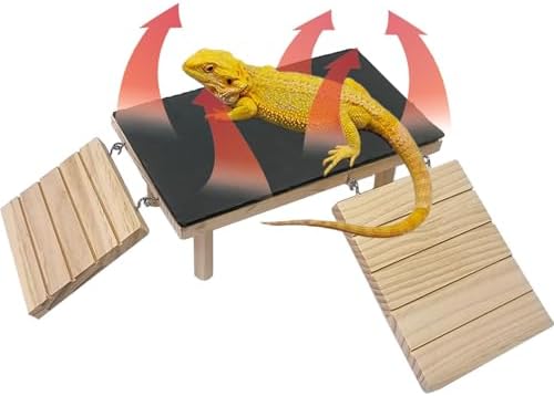 Bearded Dragon Basking Platform with Climbing Ramp,Reptile Basking Rock Slate,Wooden Platform Hide Cave Tank Accessories for Lizard Tortoise Leopard Gecko Snake (S)