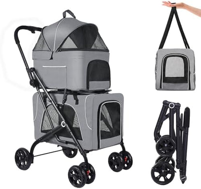Petmolico Double Pet Stroller with 2 Detachable Carrier Bags, Grey
