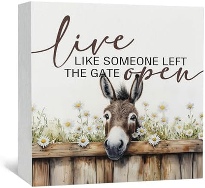 Donkey Bathroom Decor Sign - FarmHouse Cottagecore Animal Wooden Signs,Rustic Farmhouse Live Like Someone Left The Gate Open Wood Sign Home Decor,Donkey Signs For Bathroom