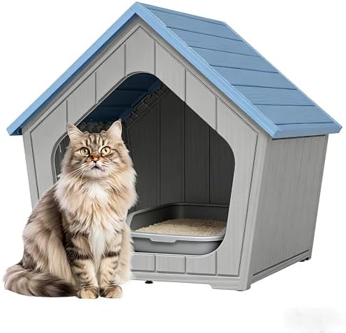 Cat Litter Box Enclosure, Resin Enclosed Litter Box Furniture with Air Holes, Outdoor Cat House Weatherproof, Wide Opening Design for Easy Cleaning, Blue